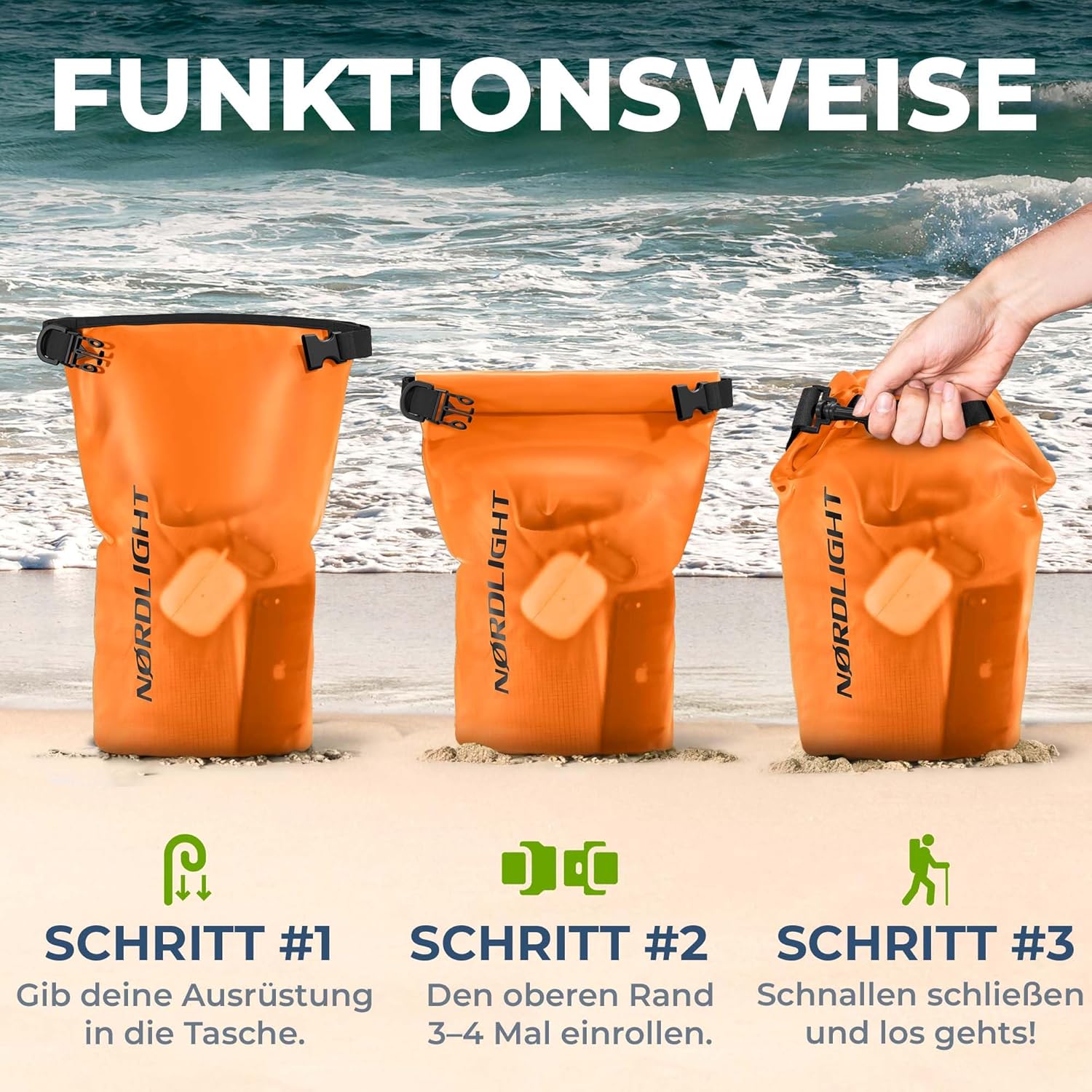 Nordlight 3er Set Wasserdichter Rucksack Dry Bag 10L - Roll Top Rucksack Kurierrucksack orange