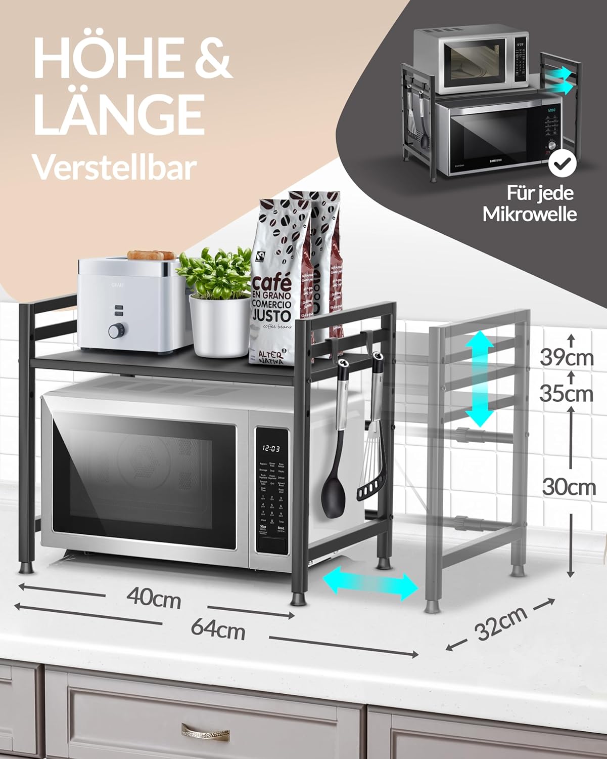 Heldenwunder Mikrowellenregal 2-stufig schwarz Küchenregal