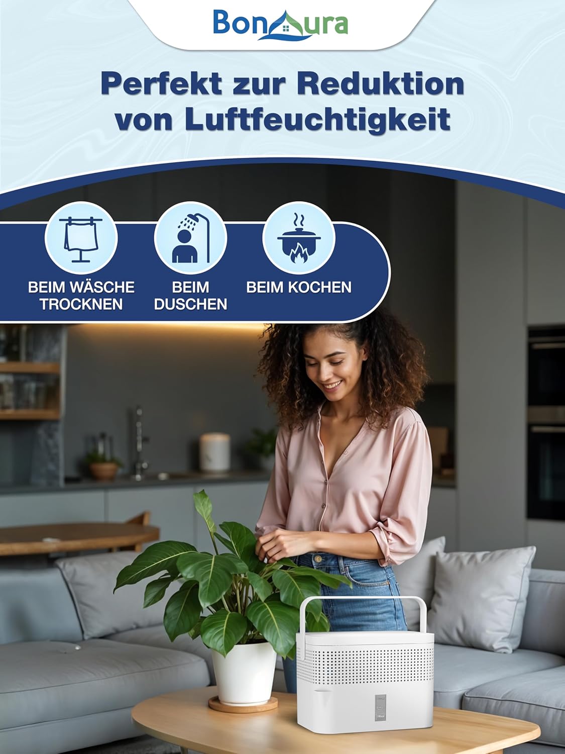 BonAura Luftentfeuchter ohne Strom - Raumentfeuchter für Keller, Bad uvm. - 980g Luftenfeuchter Nachfüllpack inklusive - Entfeuchter und Luftentfeuchter Granulat im Set - Schutz vor Schimmel