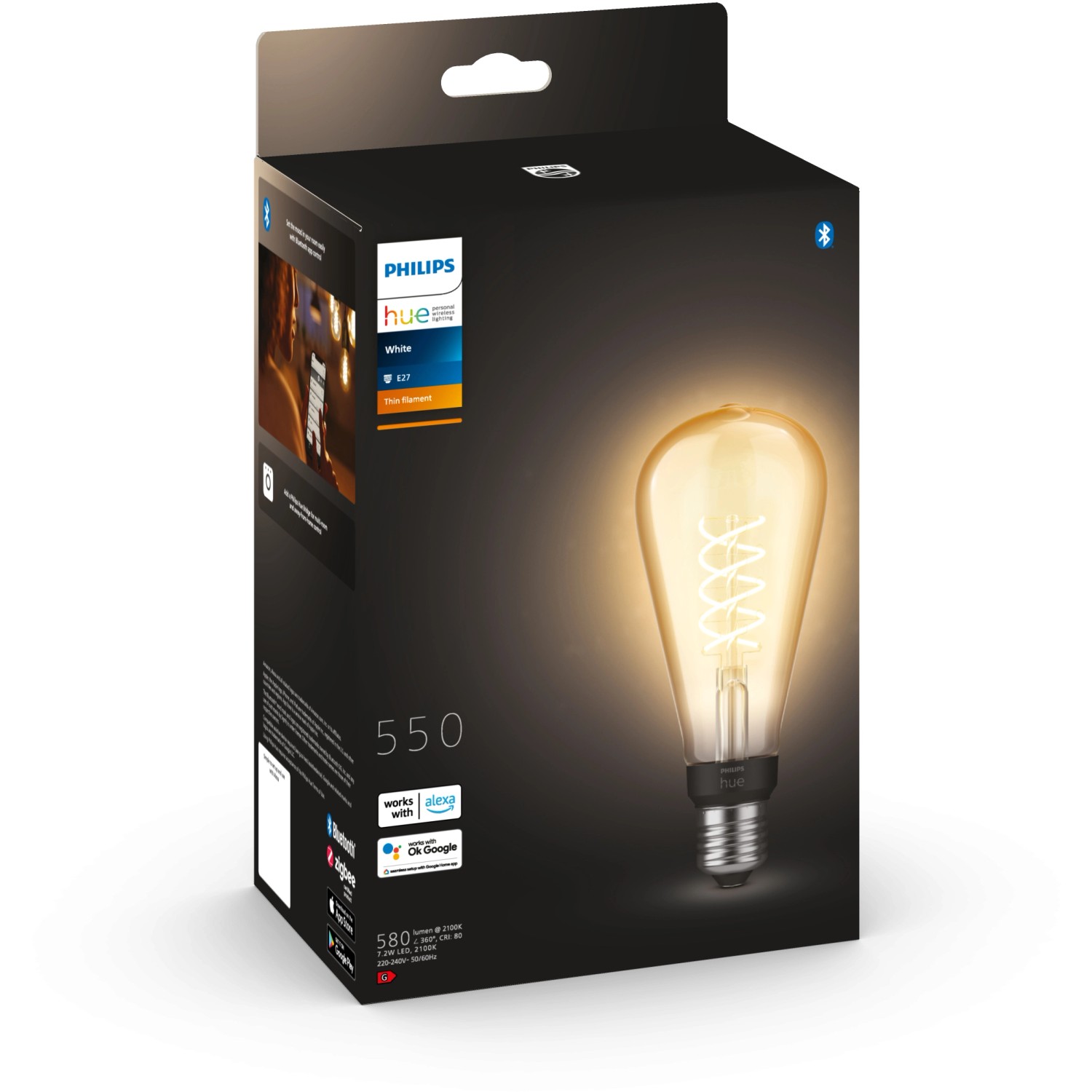 Philips Hue LED Leuchtmittel E27 Einzelpack White ST72 Filament 550 lm