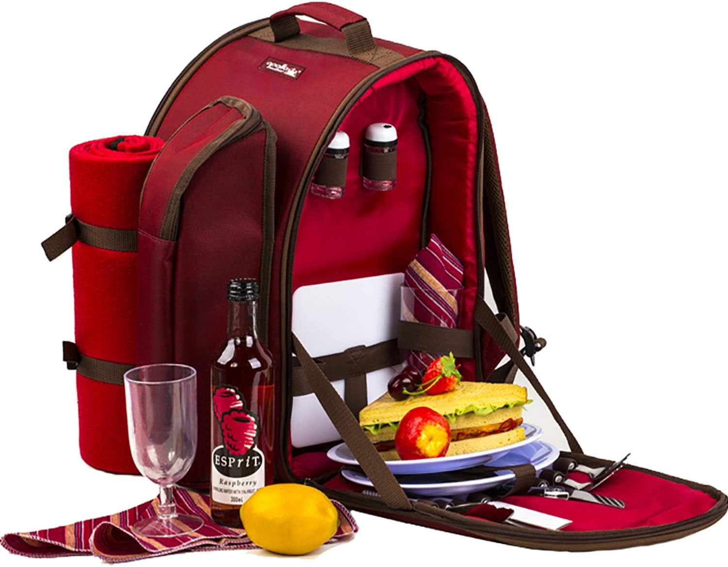 Apollowalker TWPB 3405F155 Roter Picknickrucksack für 2 Personen Korb mit Kühltasche inkl. Geschirr und Fleecedecke Picknick Set
