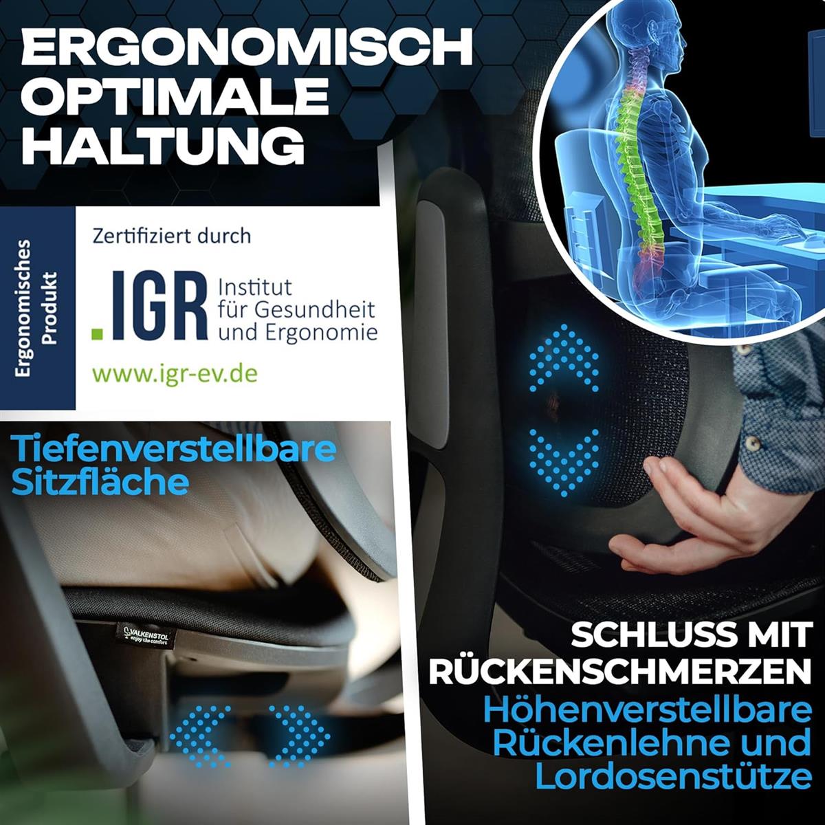 VALKENSTOL M5 Ergonomischer Bürostuhl 150 kg Schreibtischstuhl schwarz