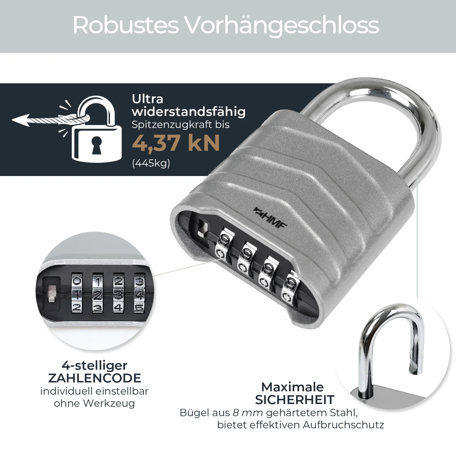 HMF Zahlenschloss Vorhängeschloss robustes Schloss mit 4-stelligem Zahlencode aus Aluminiumlegierung 5,6 x 2,6 x 8,7 cm Silber