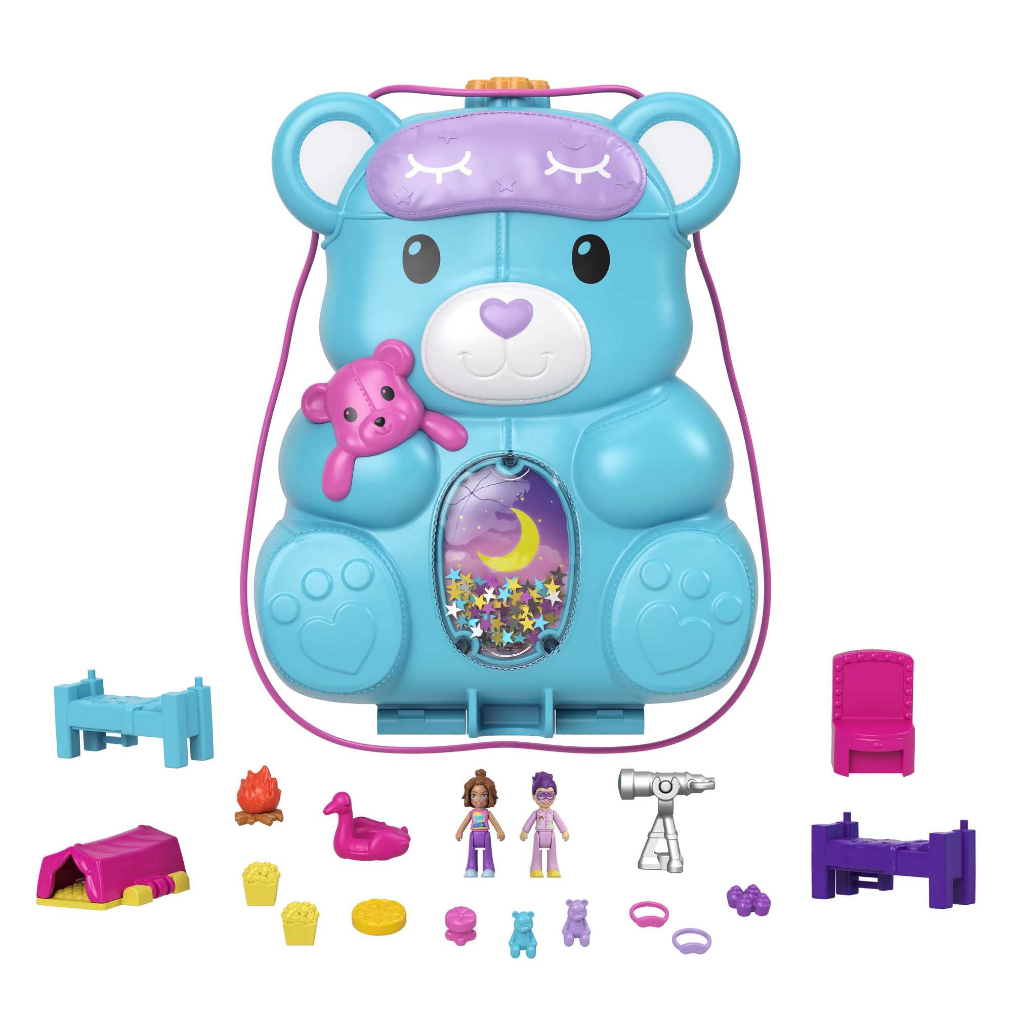 Polly Pocket HGC39 - Teddy Bär Handtaschen-Spielset, Ãœbernachtungsthema Mit 2 Micro Puppen Und 16 Accessoires, Tolles Spielzeug Geschenk Ab 4 Jahren