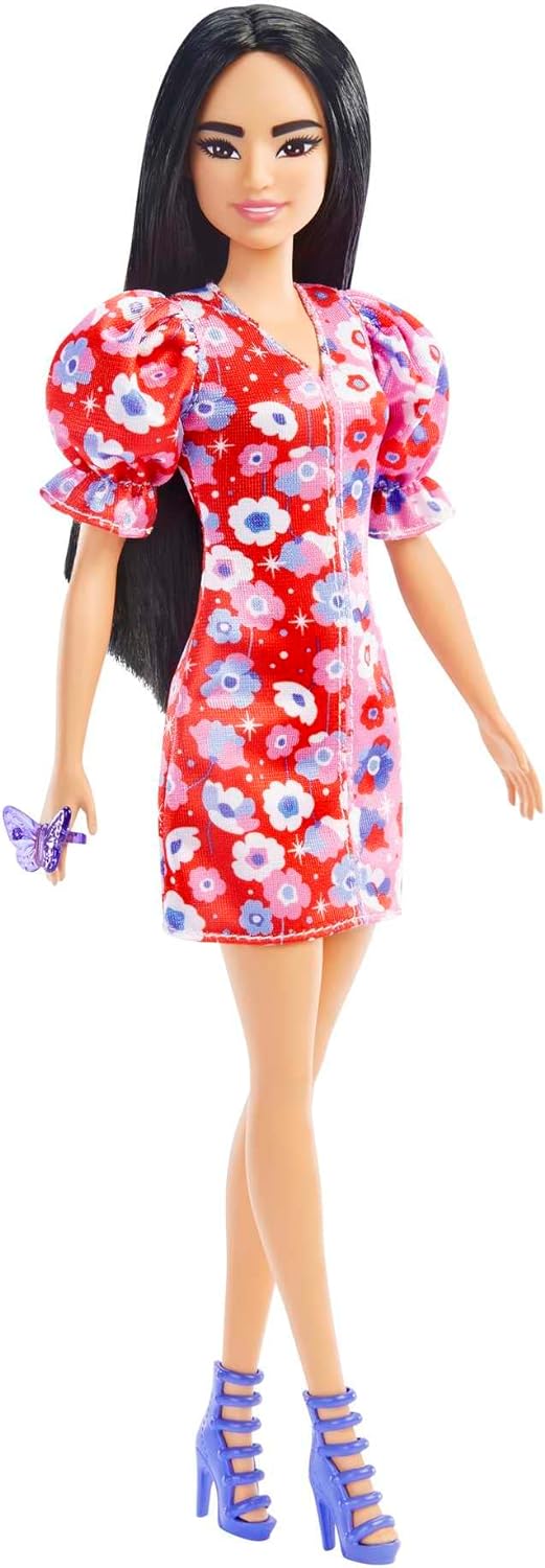 Barbie HBV11 Fashionistas Puppe schwarze Haare Blumenkleid Riemchensandalen Schmetterlingsring Puppe Spielzeug