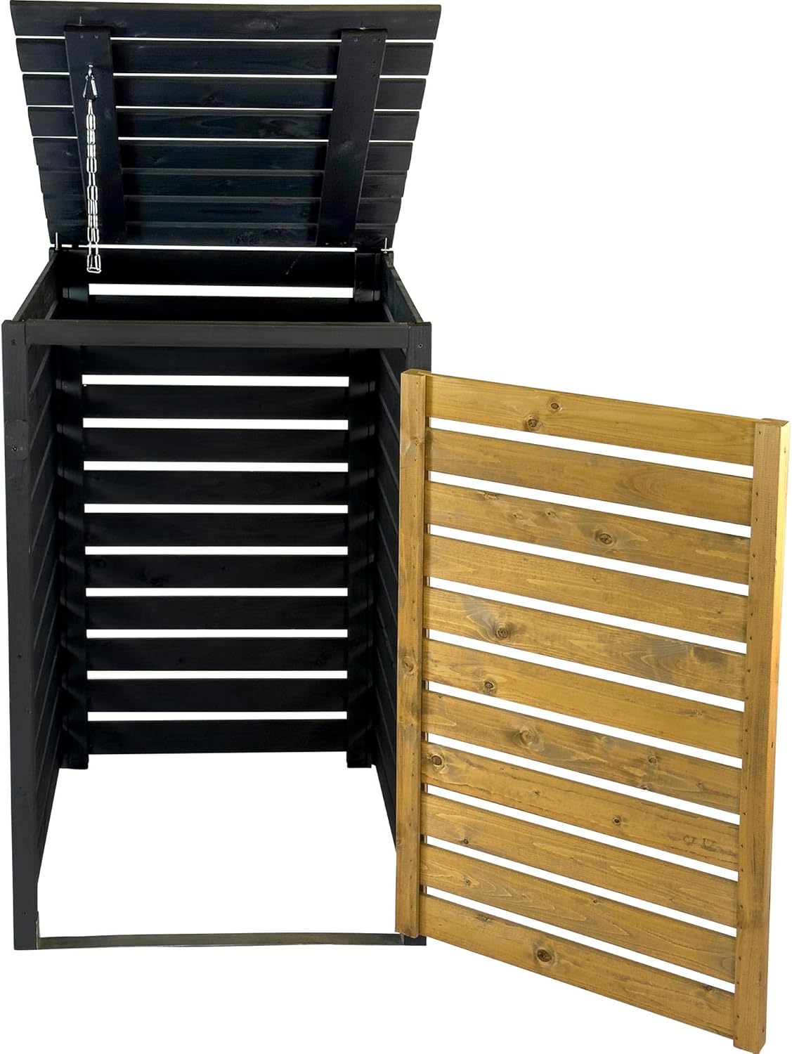 dobar Green Label Mülltonnenverkleidung 1er 120 L aus Holz in Braun-Schwarz als Bausatz  Mülltonnenbox mit Deckel und Schwingtür zweifarbig  67 x 64 x 94 cm