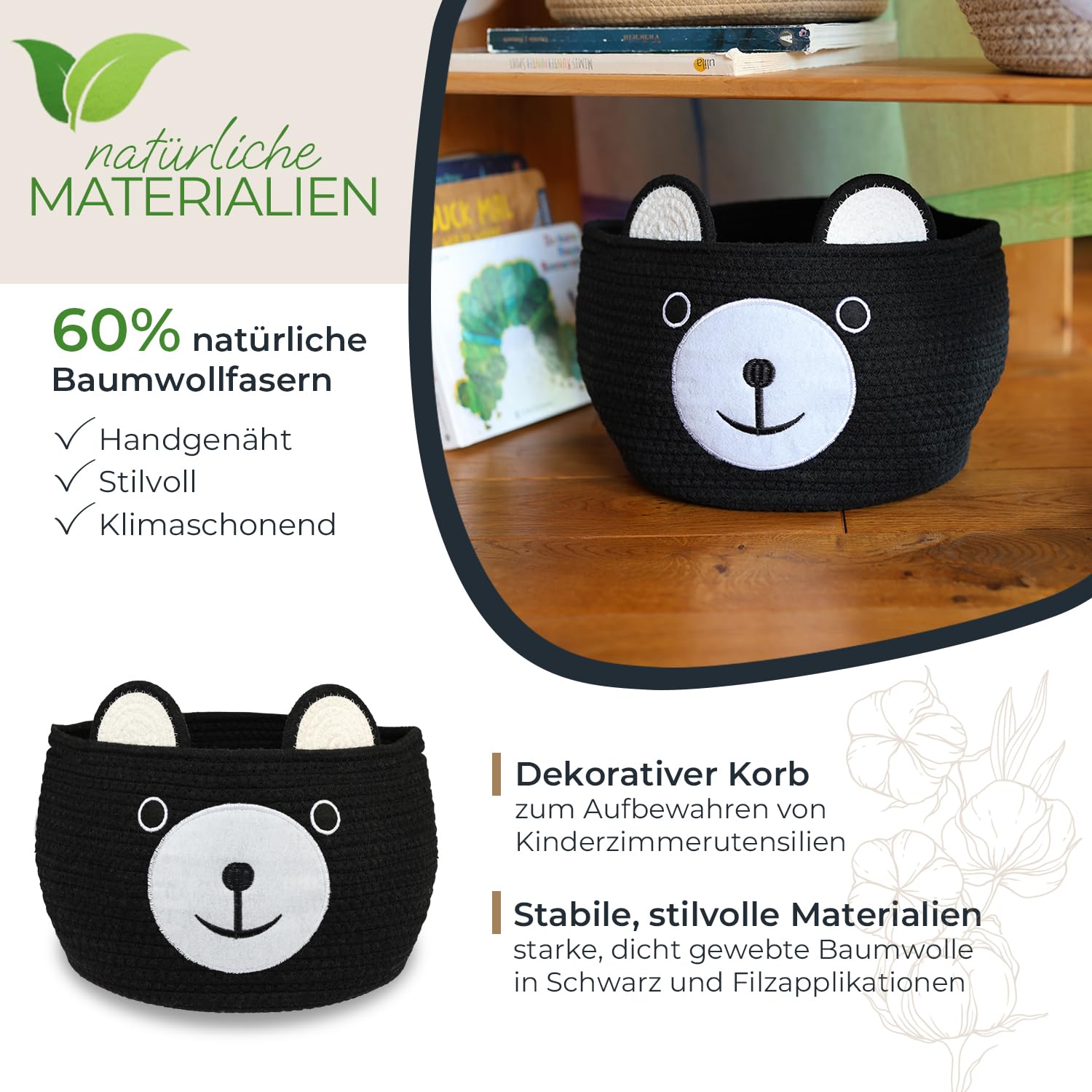 HMF Aufbewahrungskorb mit versteckten Griffen Korb für Kinderzimmer aus Baumwolle Bär 30 x 24 cm Schwarz