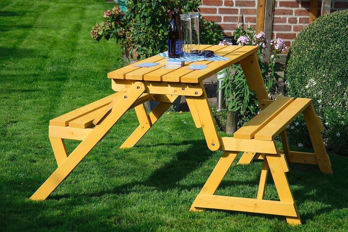 Garten Tisch, Holz Tischset, Picnic Tisch, Gelb, Außenmöbel