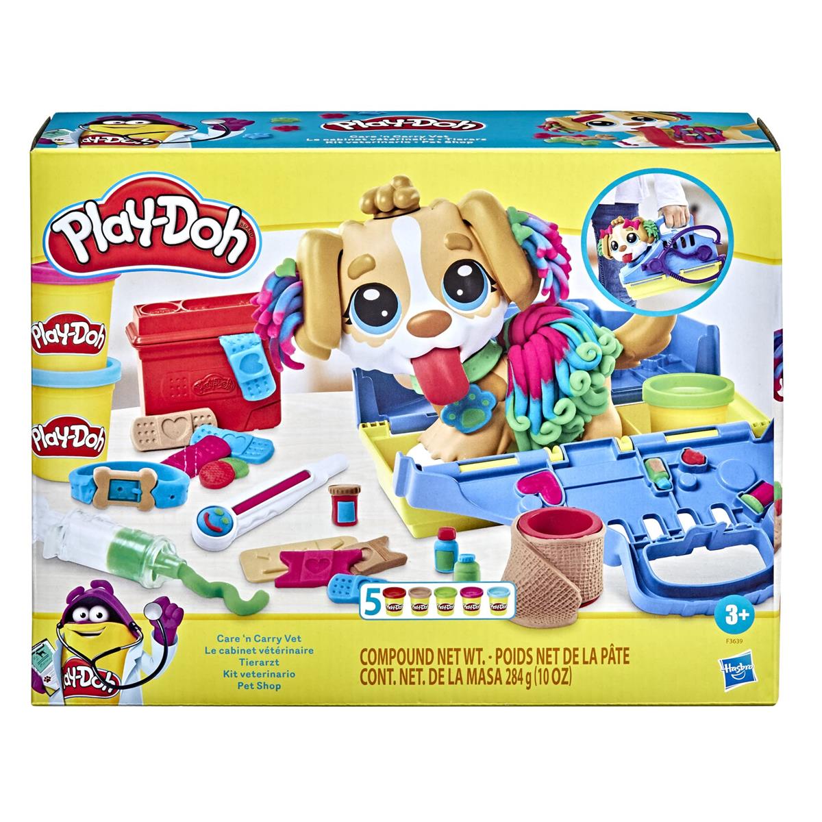 Play-Doh F3639 Tierarzt Spielset mit Spielzeughund Tragebox, 10 Knetwerkzeugen und 5 Farben
