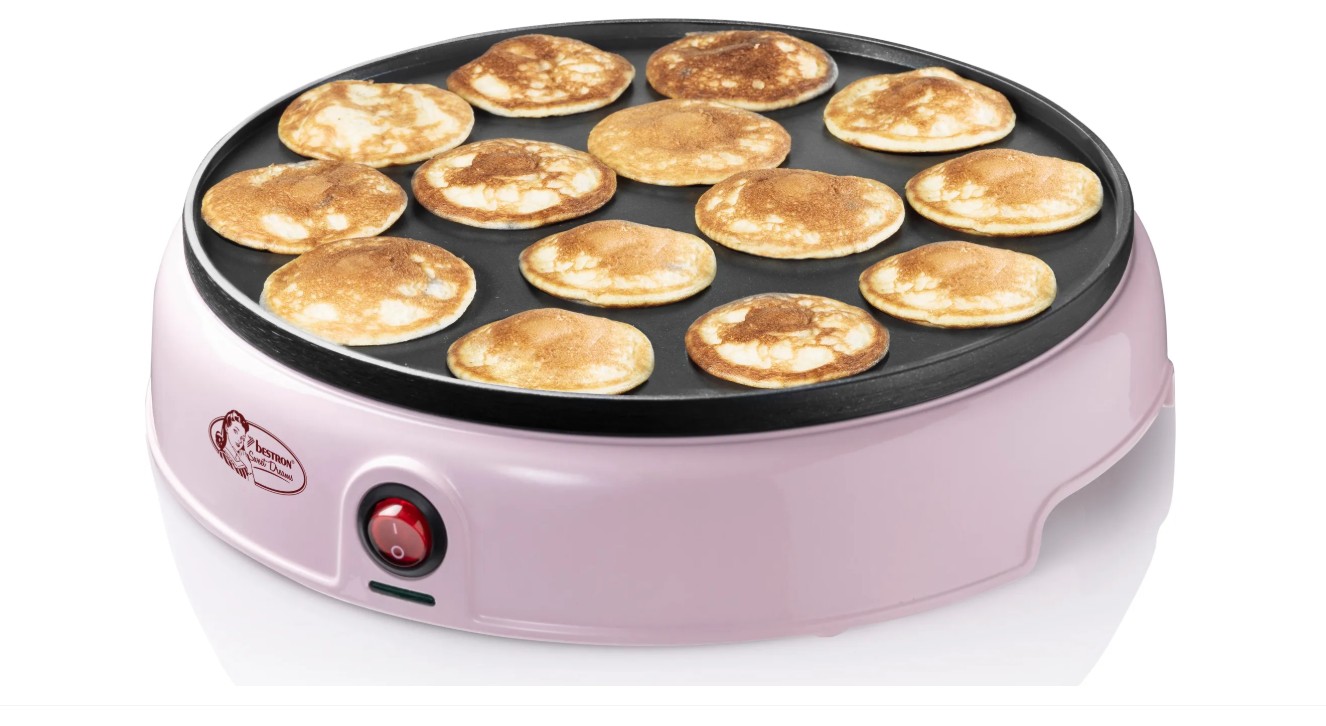 Bestron Poffertjes Maker im Retro Design Mini Pfannkuchen Automat mit Antihaftbeschichtung Sweet Dreams 800 W Farbe: Rosa