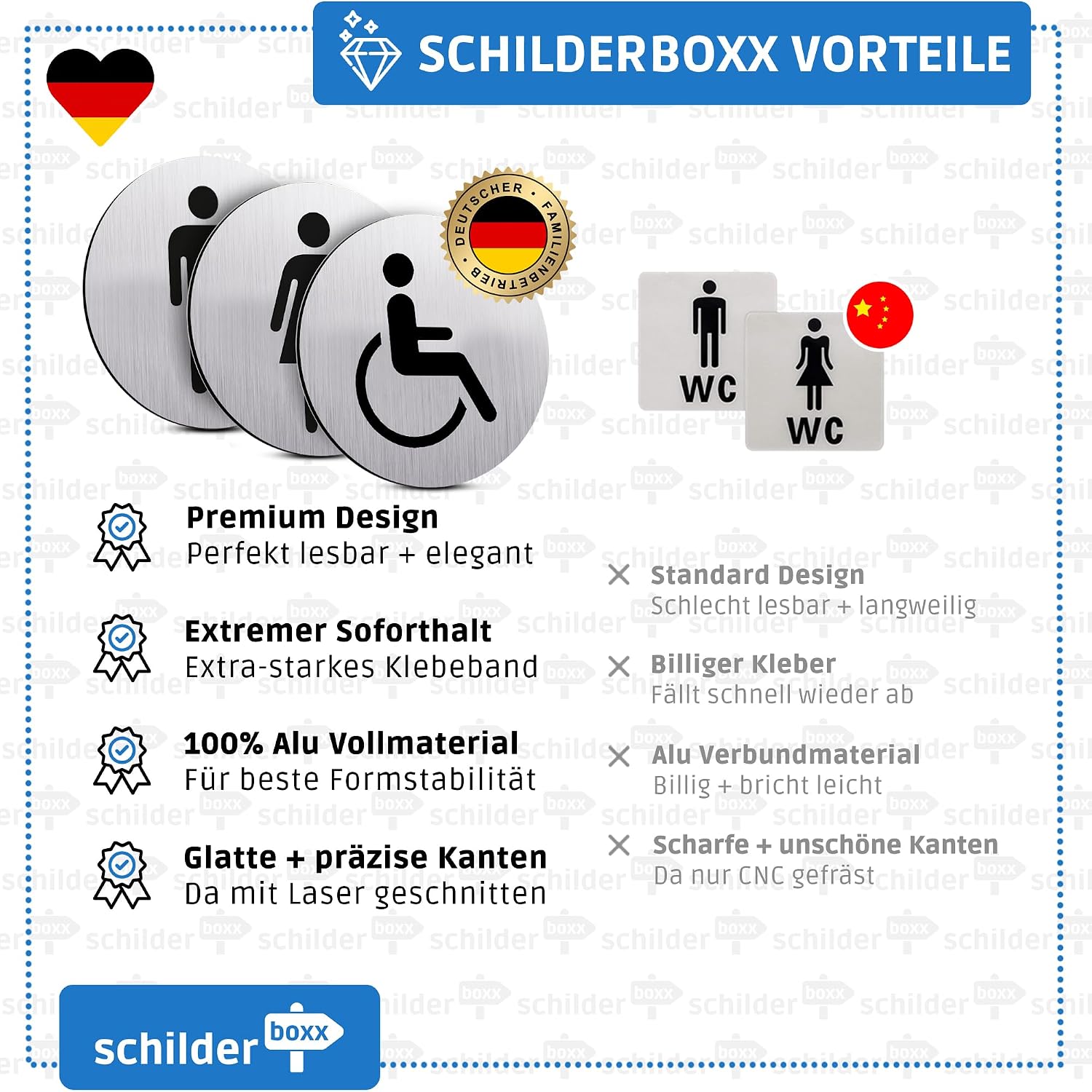 WC-Schilder, Aluminium, gebürstet, selbstklebend, Rollstuhlsymbol