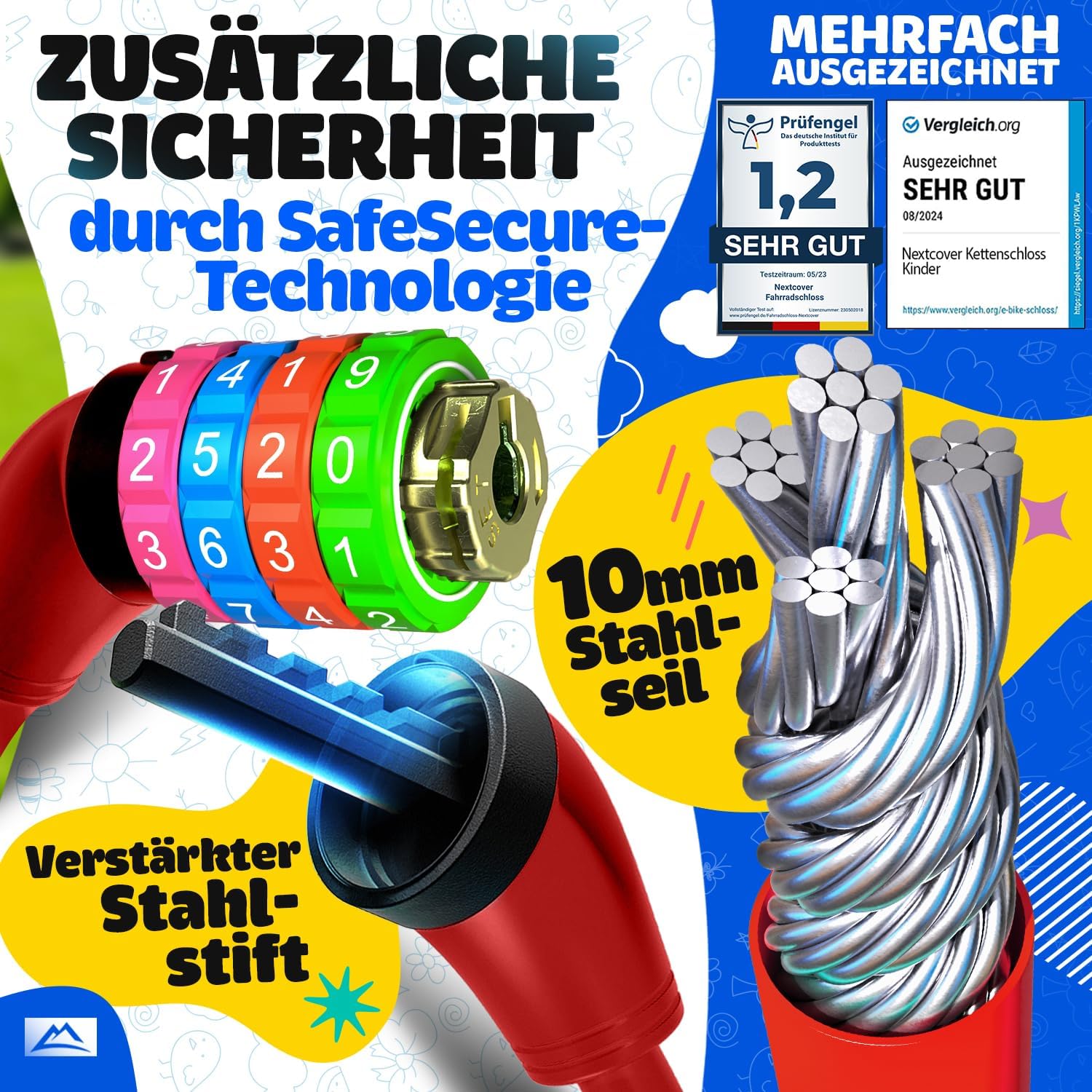 NEXTCOVER® Fahrradschloss Kinder mit 4-stelligem Zahlencode I Kinder Fahrradschloss - Ideal für Roller, Fahrrad & mehr I Zahlenschloss Fahrrad mit bunten Zahlen - Roller Schloss Extra robust & sicher