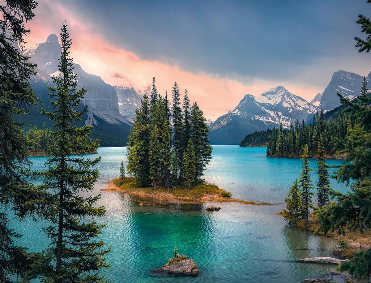 see-through turquoise lake, mountain lake, pine trees, snow-capped mountains, island in lake