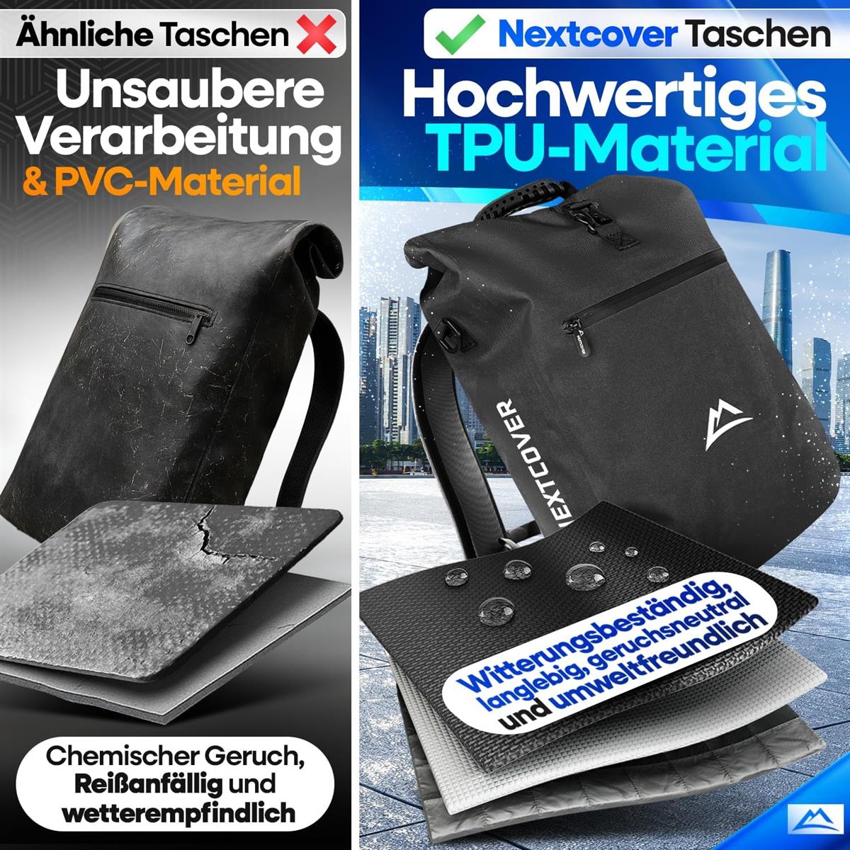 Nextcover 3in1 Fahrradtasche für Gepäckträger PVC frei Gepäckträgertasche, Fahrradtasche Rucksack und Umhängetasche 25L I Fahrrad Tasche wasserdicht Fahrradtaschen Gepäckträger aus Stoff