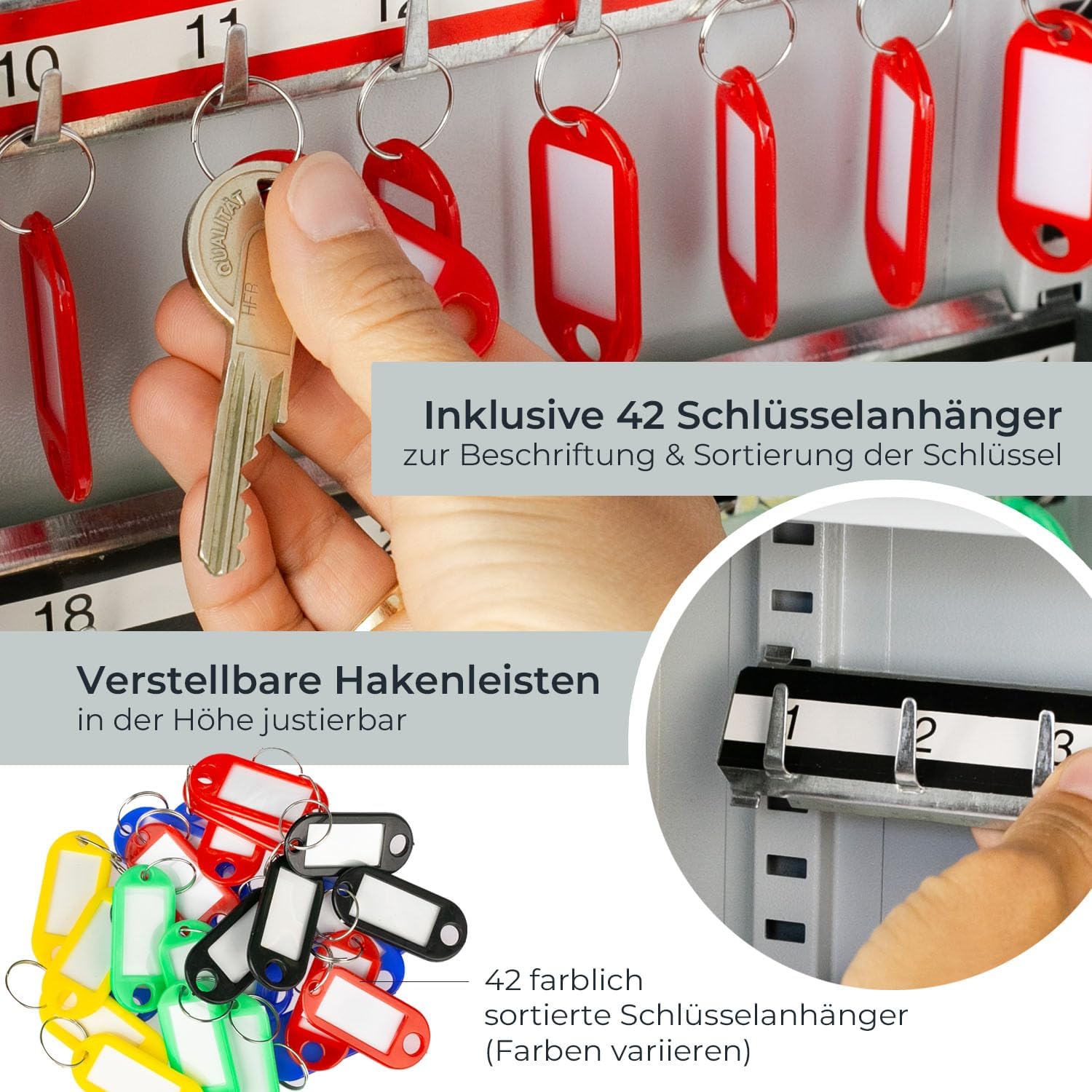 HMF Schlüsselschrank mit Zahlencode, Schlüsselkasten groß | 42 Haken | 35 x 27 x 8 cm | Lichtgrau
