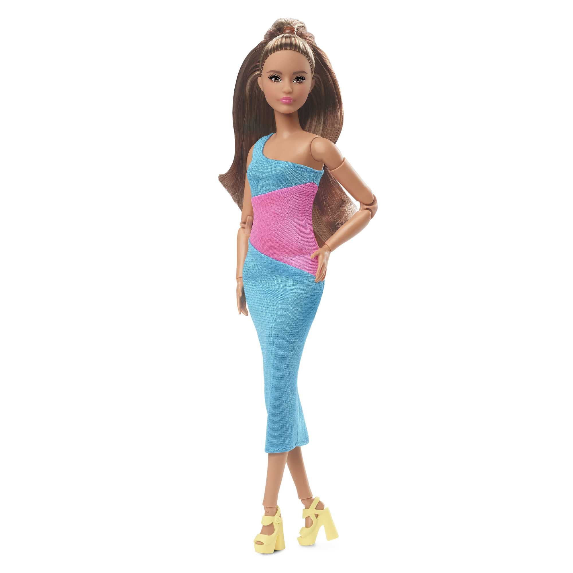 Barbie Looks Puppe - Brünett, Knielanges One-Shoulder-Kleid im Colorblock-Stil, Bewegliche Körperform, Stylen und Posen, Mode-Sammelfiguren, für Kinder ab 3 Jahren, HJW82