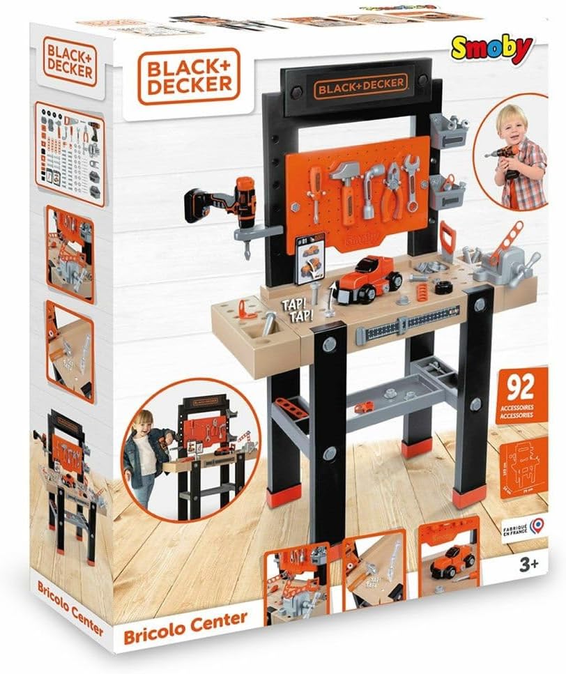 Smoby 7600360727 Black+Decker Spielbank Werkbank Center Akkuschrauber Autobausatz Werkzeuge Schraubstock