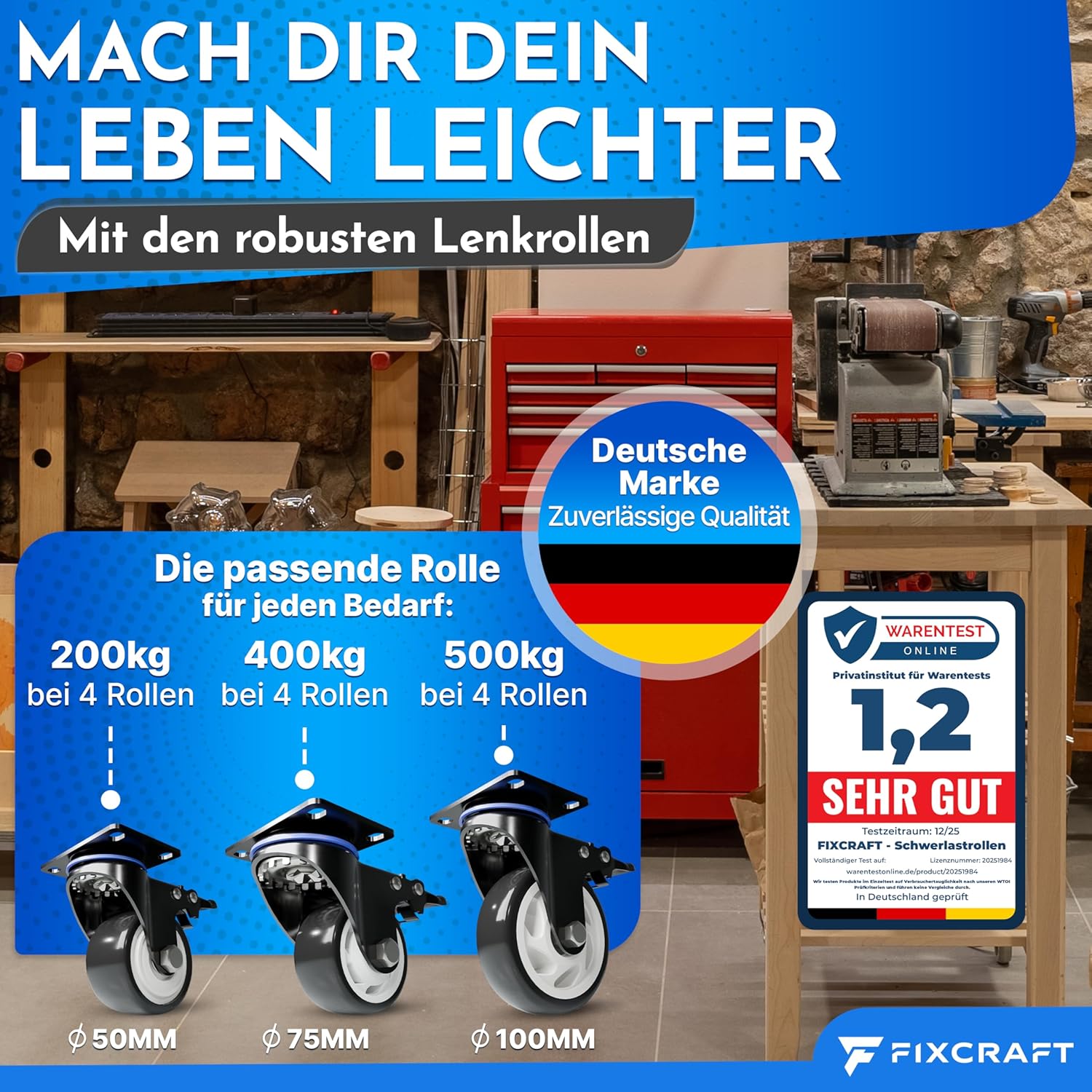 FIXCRAFT 4x Schwerlastrollen mit Bremse Möbelrollen Transportrollen 100mm
