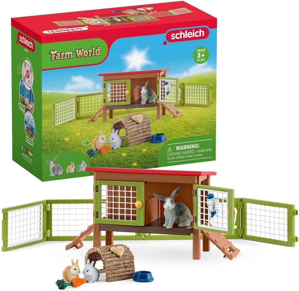 schleich 42420 FARM WORLD Kaninchenstall, 16 Teile Spielset mit 3 Kaninchen Tierfiguren, Stall und Zubehör, Spielzeug für Kinder ab 3 Jahren