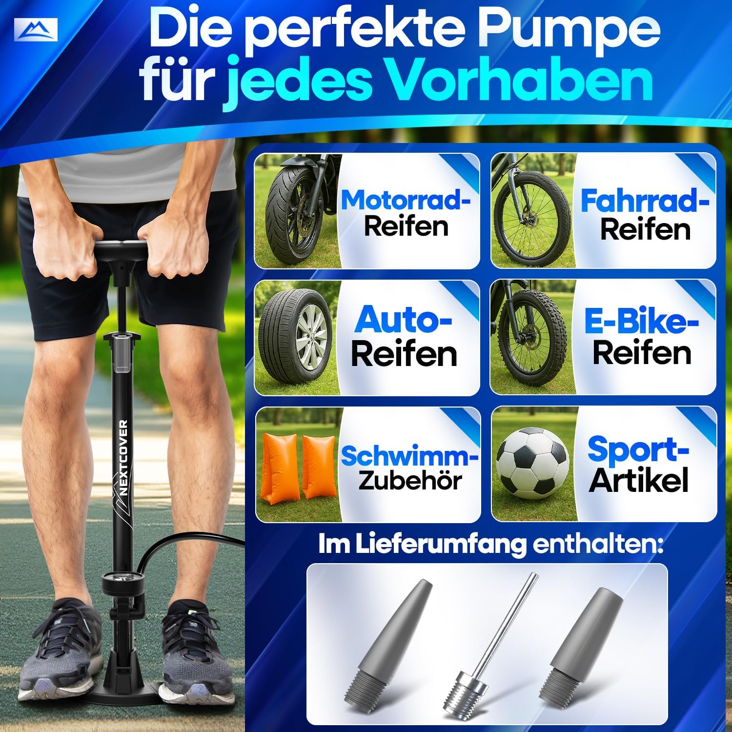 NEXTCOVER Fahrradpumpe Alle Ventile mit Airflow-Technologie Pumpe für Autoventil Presta Ventil & Dunlopventil I Standluftpumpe Fahrrad mit Manometer Luftpumpe Fahrrad