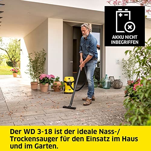 Kärcher Akku-Nass-/Trockensauger WD 3-18, inkl. Filter, Fugen- und Nass-/Trockensaugdüse, 225 Watt, Kunststoffbehälter: 17 l, Saugschlauch: 2 m, ohne Akku, ohne Ladegerät