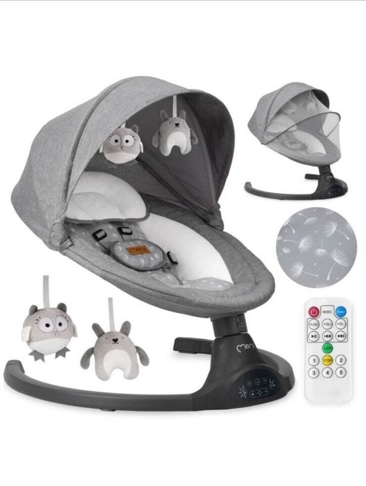 MoMi Elektrische Babywippe Lami mit Schaukelbewegung 5 Punkt Gurt Grau Baby Bouncer