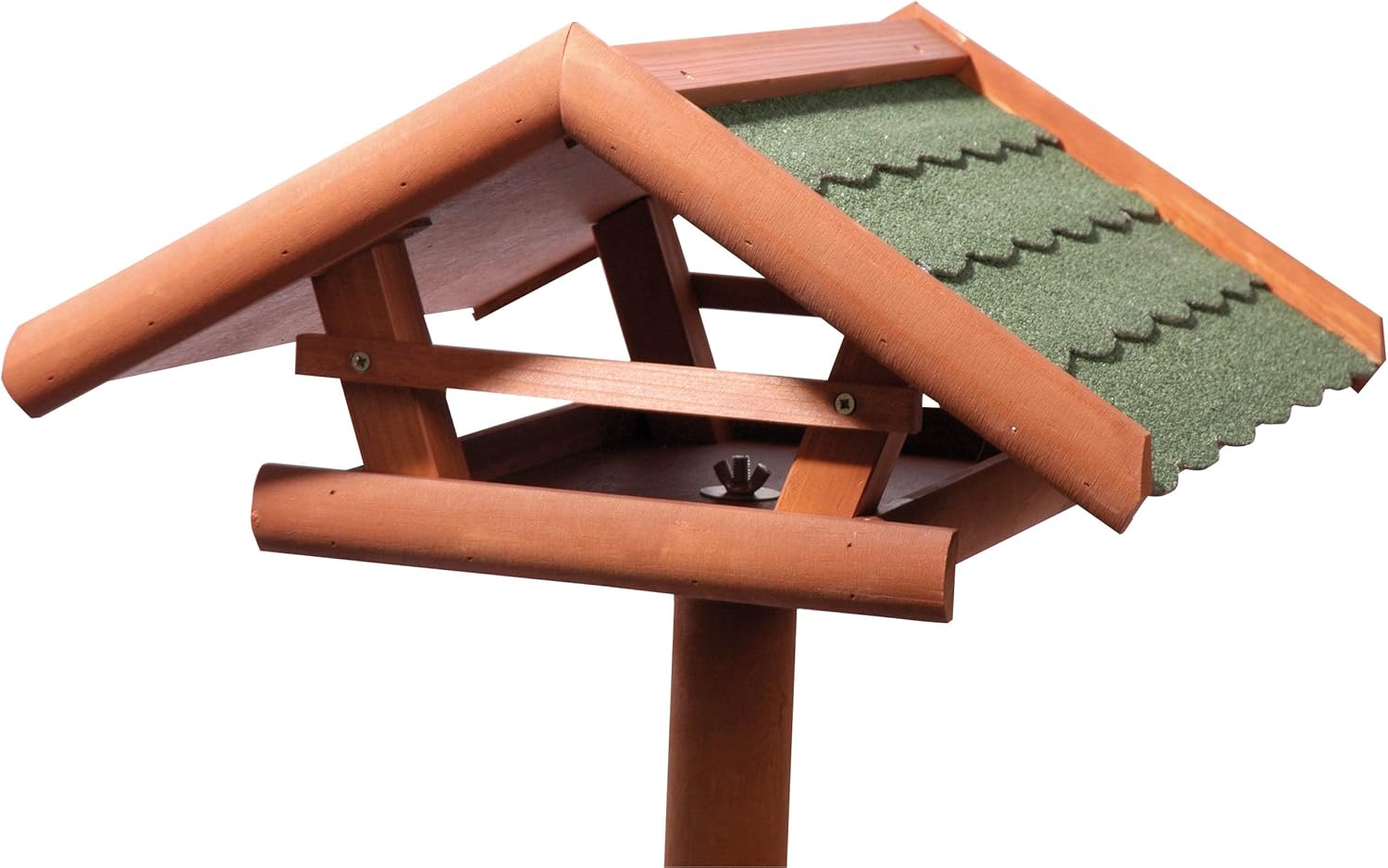 Vogelhaus, Holz, Futterstation, grünes Schindeldach, Standfuß