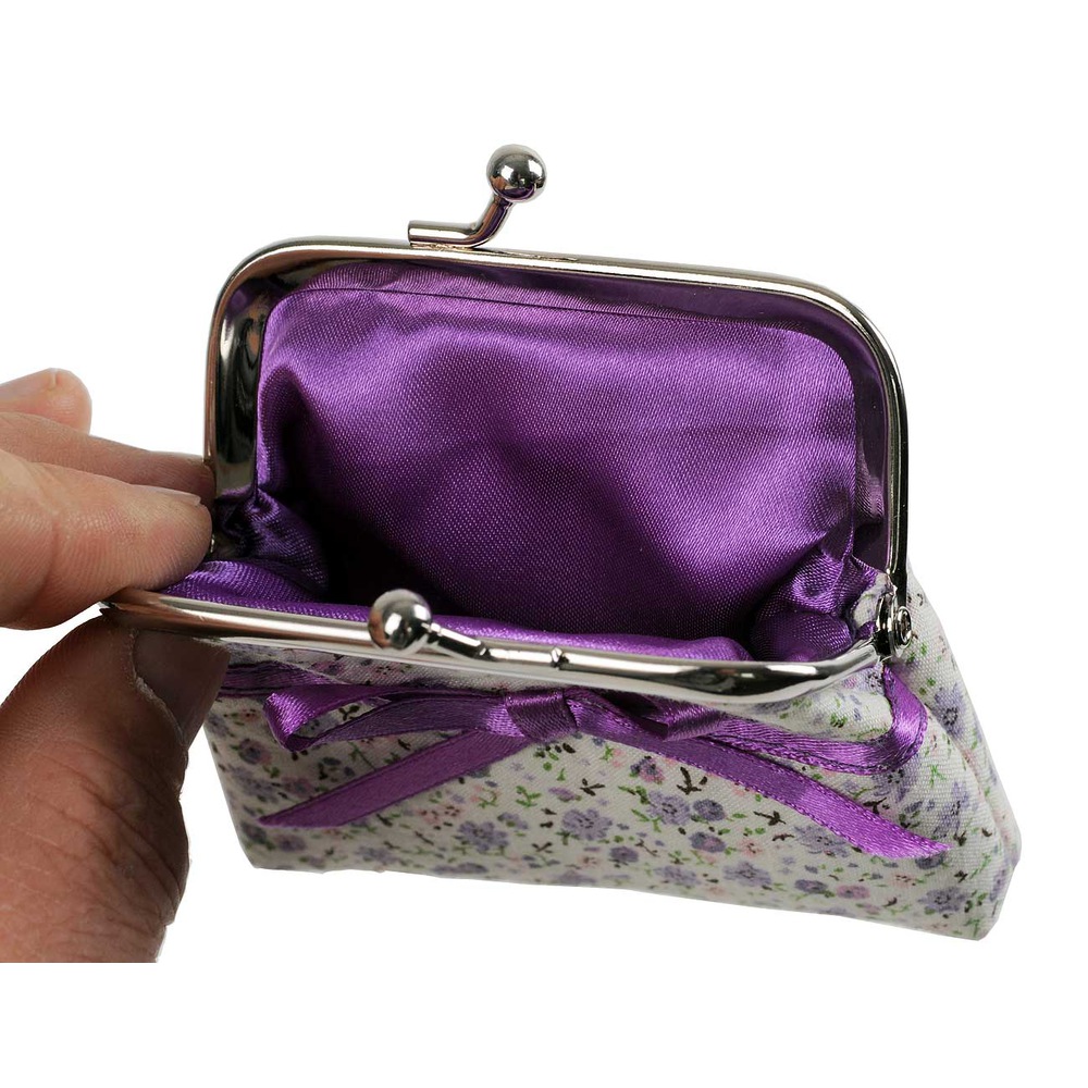Geldbörse geblümt beige/violett mit Schleife und Clipverschluss