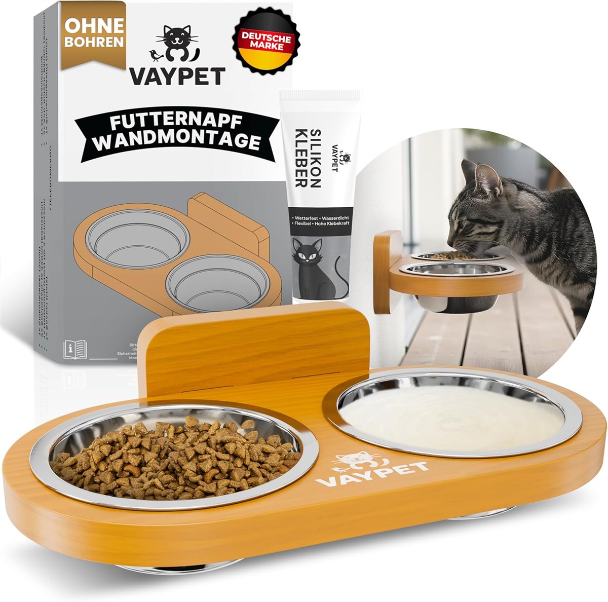 Futterstation, Katzennapf, Doppelnapf, Holzoptik, Futterschale