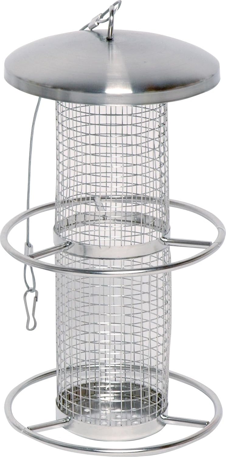 dobar Vogelfuttersäule mit Edelstahlschlaufe - Futterstation für Wildvögel - Vogelfutterspender mit Netz für Nüsse -Futterspender aus Stahl für Garten/Terrasse/Balkon - Ø 14 cm x 26 cm - Silber