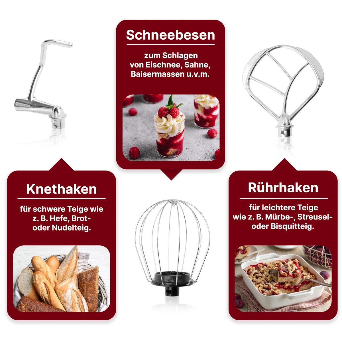 Knetkuchen, Knethaken, Rührhaken, Schneebesen, Teigschüssel