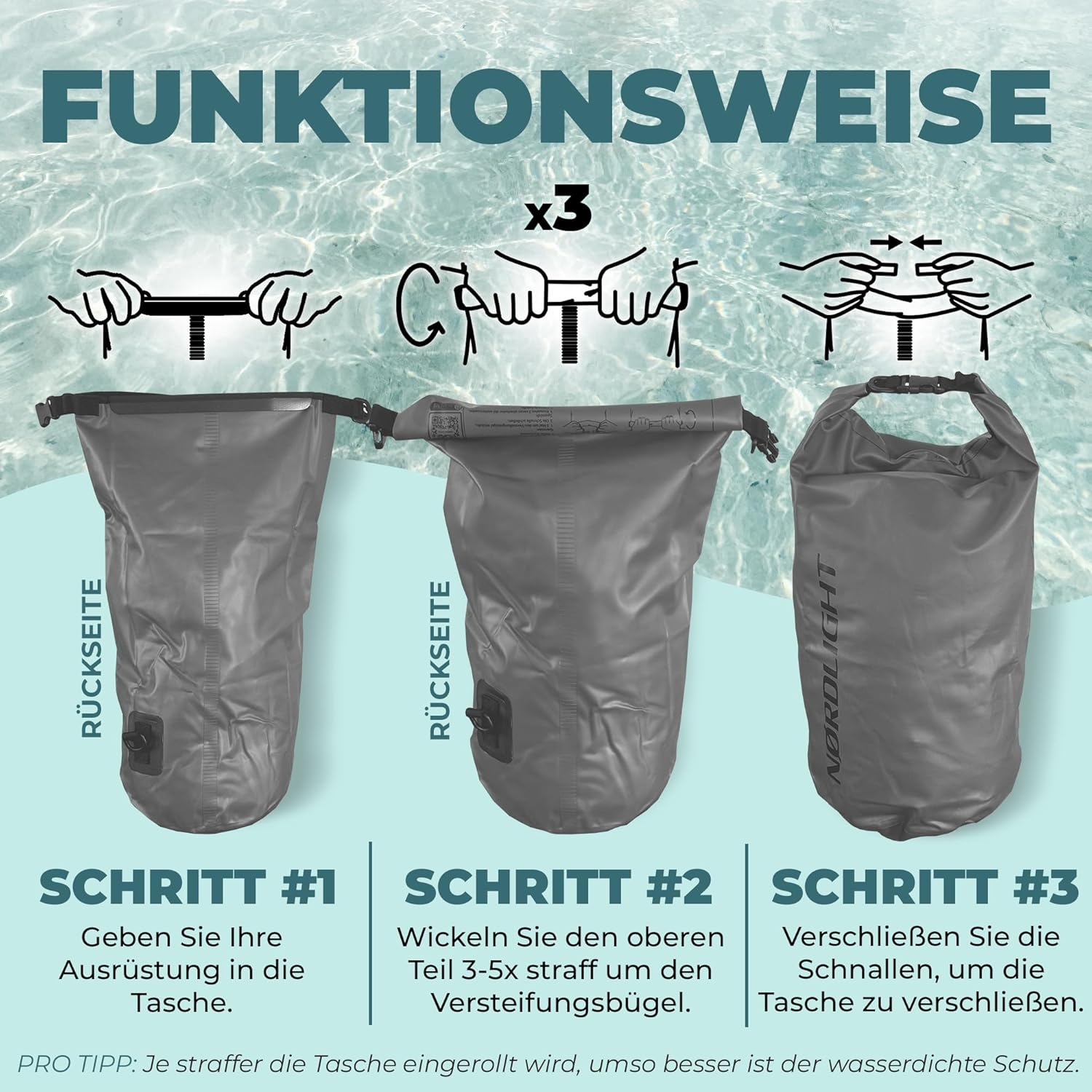 Nordlight Wasserdichter Rucksack Dry Bag 2L - Roll Top Rucksack Kurierrucksack grau