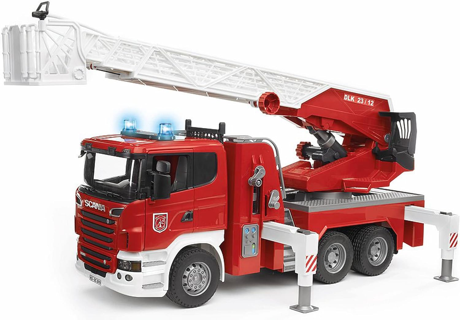 bruder 03590 Scania R Serie Feuerwehrleiterwagen mit Wasserpumpe & Light and Sound Modul Einsatzfahrzeug