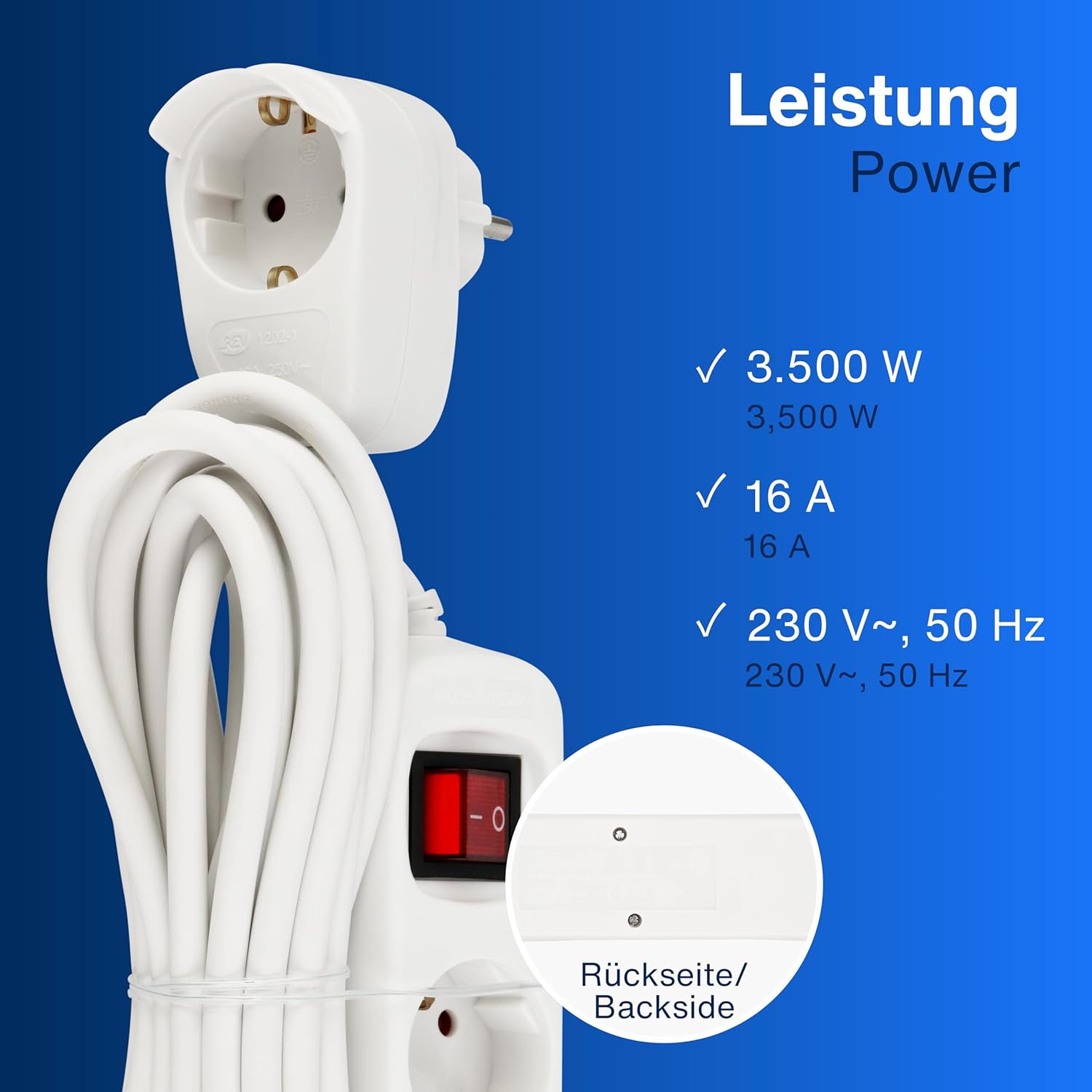 REV Steckdosenleiste PowerSplit - Mehrfachsteckdose 4-Fach (3+1) mit Schalter Wandsteckdose bleibt erhalten 3500W 5m weiß