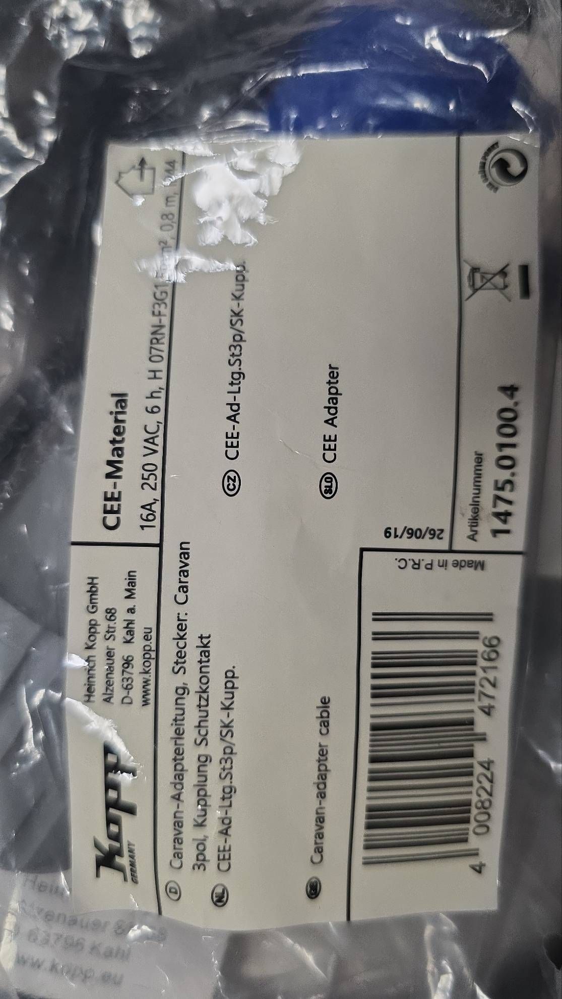 Kopp Caravan-Adapterleitung E: Caravan-Stecker A: Schutzkontakt-Kupplung 80 cm