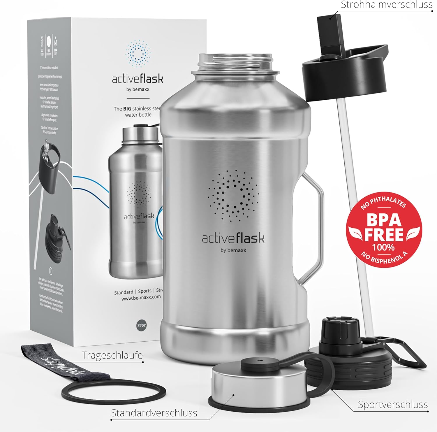 BeMaxx Trinkflasche Edelstahl ACTIVE FLASK BIG 2,2L silber