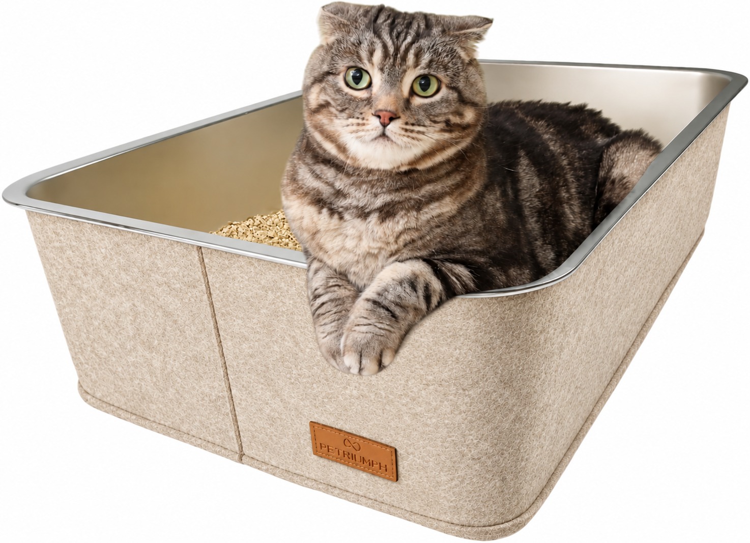 Petriumph® XXL Beige Katzenklo aus Edelstahl – Große Katzentoilette mit hohem Rand