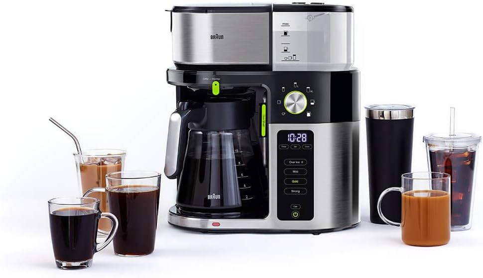 Braun MultiServe Kaffeemaschine - Filterkaffeemaschine mit Glaskanne Direktwahl von 7 Portionsgrößen für bis zu 10 Tassen Touch Display Zeitschaltuhr 1750 Watt Edelstahl/Schwarz