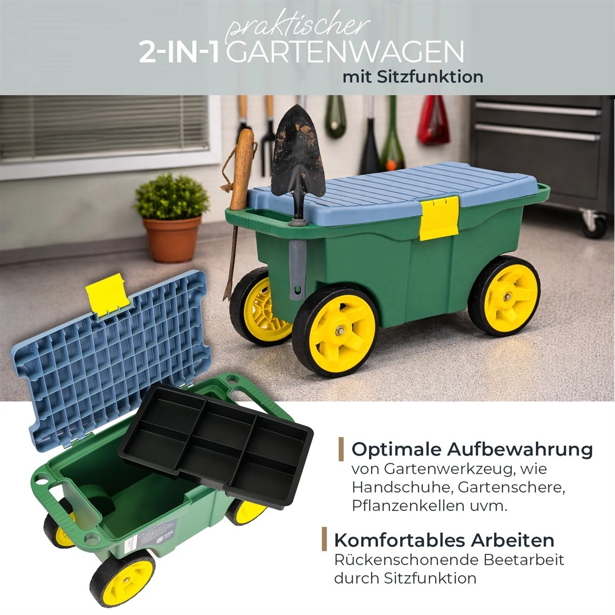 Gartenwagen, 2-in-1, Werkzeugbox, rollbar, Sitzfunktion