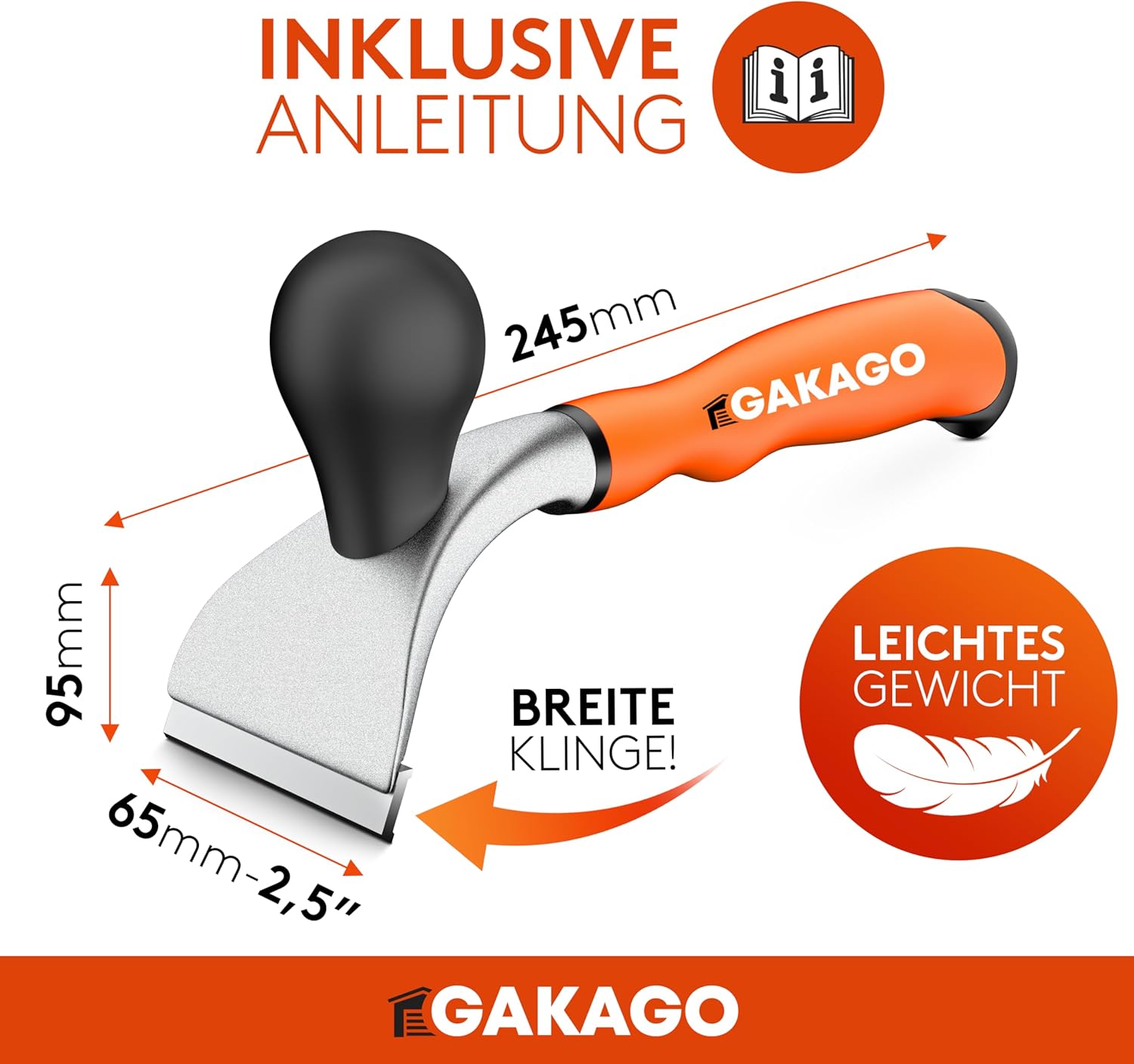 Gakago Kraft-Schaber - Hochwertige 65mm Ziehklinge aus langlebigen Wolframcarbid - Ergonomisch & rutschfester Universalschaber für Holz Metall Beton oder Stein - Leicht & handlich beim Arbeiten
