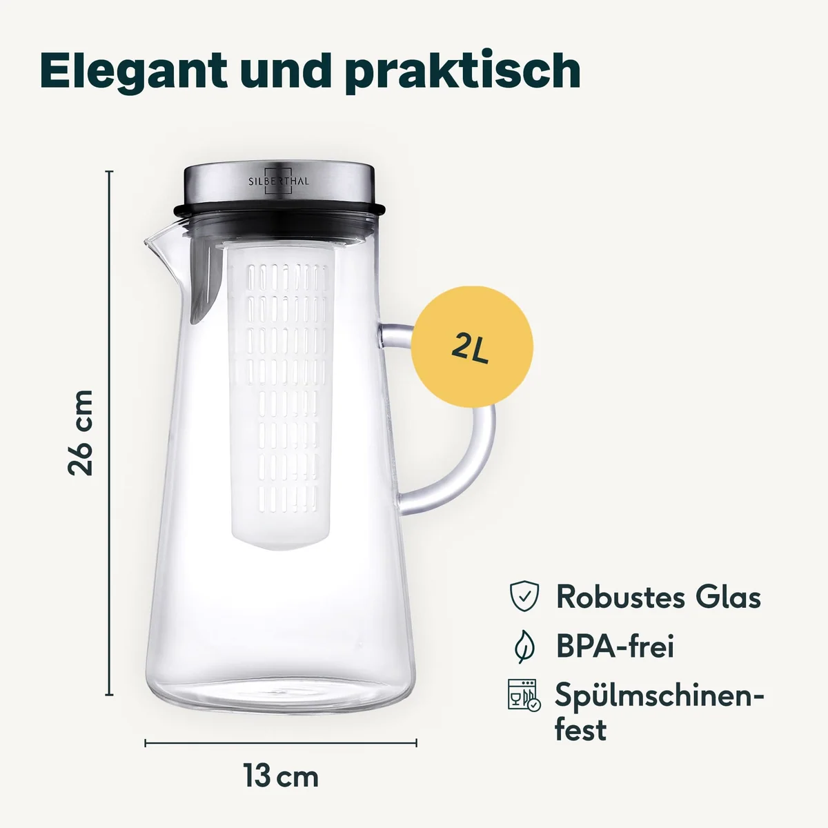Glaskaraffe, Teesieb-Einsatz, 2 Liter, Edelstahlverschluss, Transparent