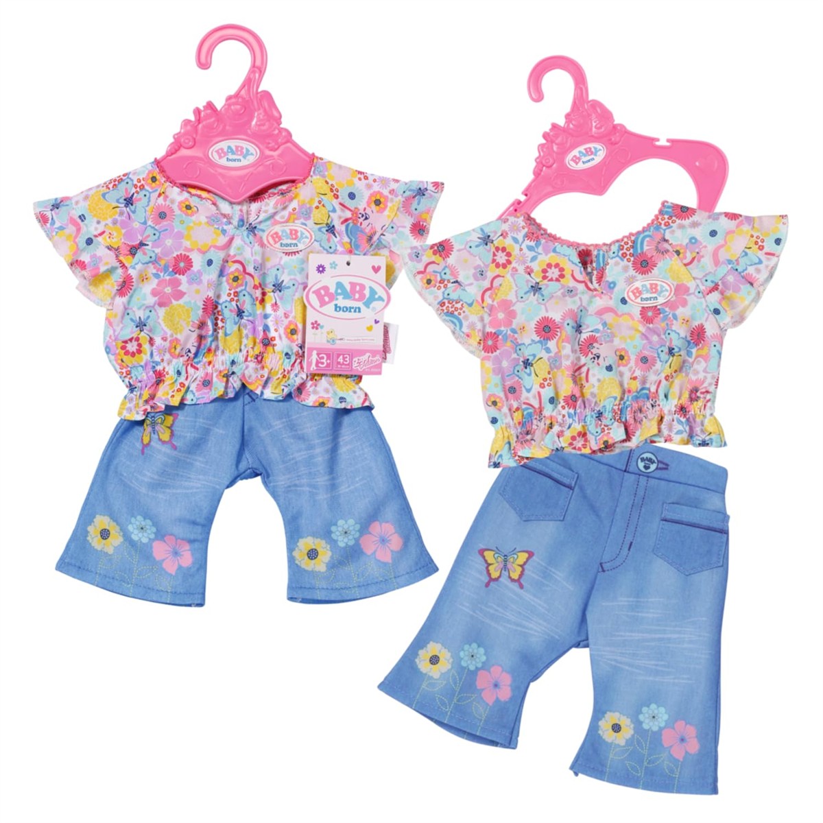 Kinderoutfit, Bluse, Shorts, Blumenmuster, Denim-Shorts