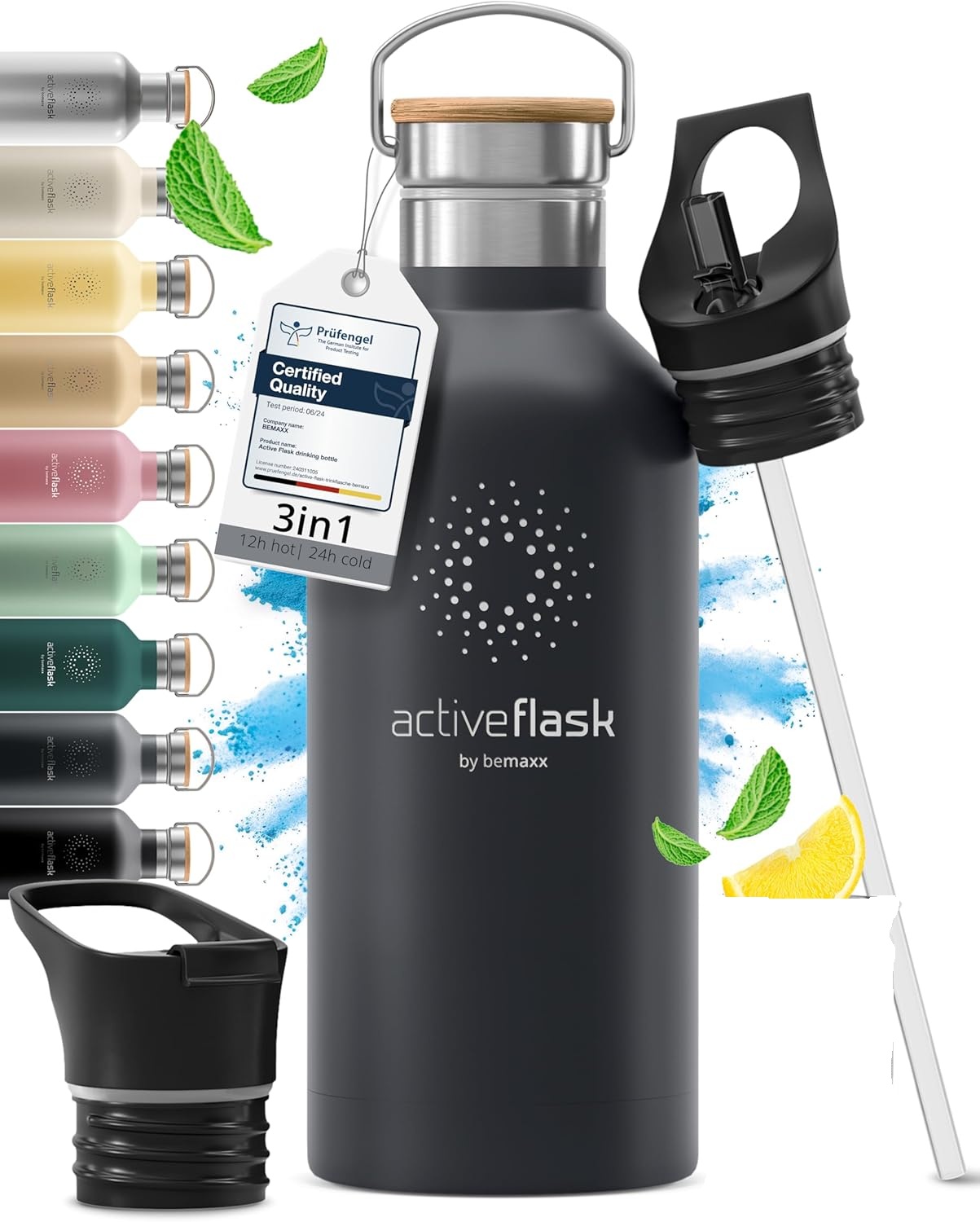 BeMaxx Trinkflasche Edelstahl ACTIVE FLASK coll grey Bamboo-Verschluss 530l