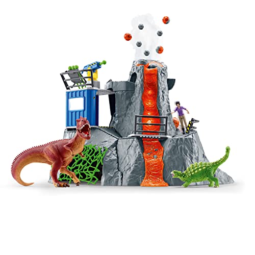 schleich 42564 DINOSAURS Große Vulkan Expedition, Dinosaurier Spielzeug Set inkl. Vulkan mit LED-Licht- & Ausbruchsfunktion, Forscherin Figur & 2 Dinosaurier Figuren, Altersempfehlung 5-12 Jahre