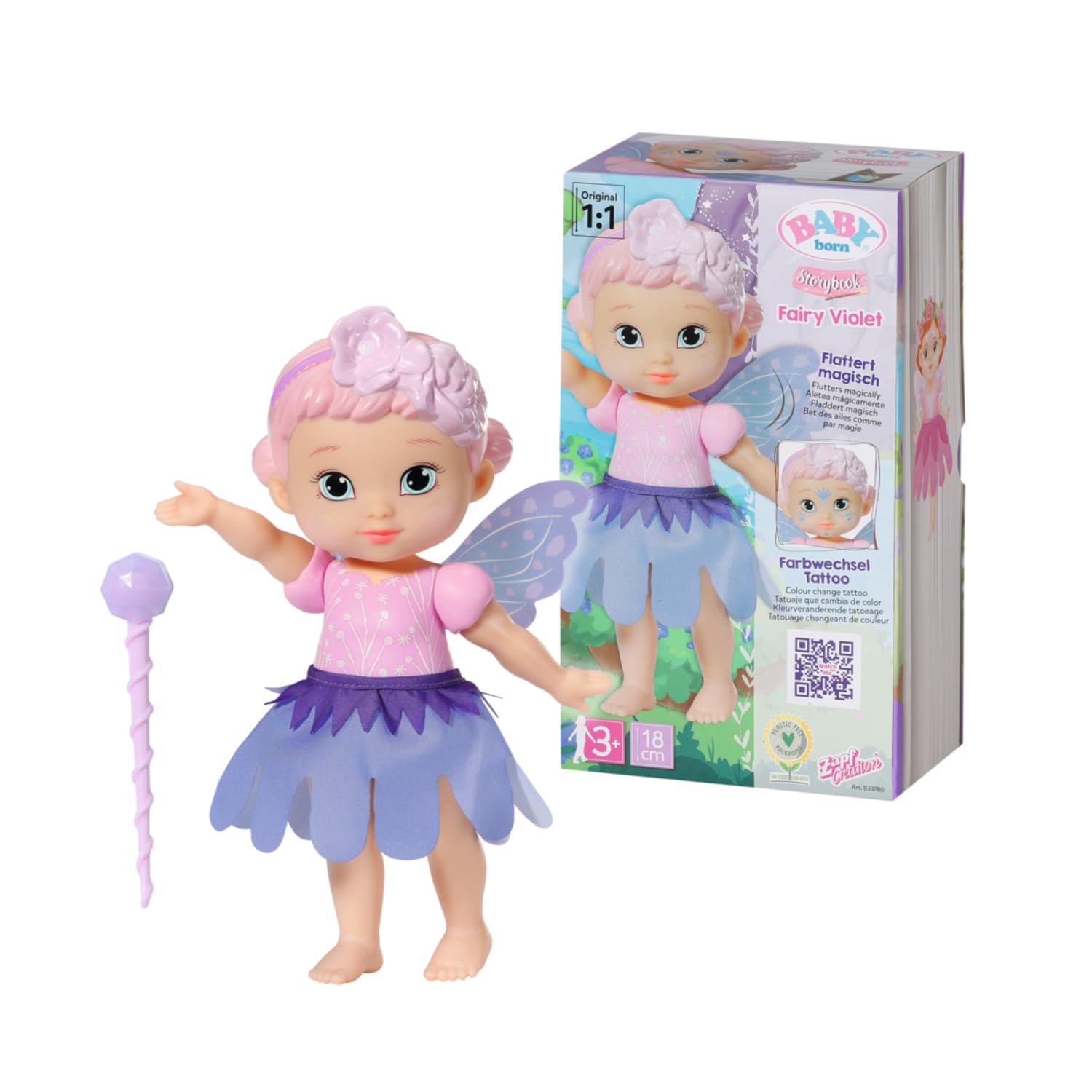 Zapf Creation 833780 BABY born Storybook Fairy Violet Feen-Puppe mit Flügeln Farbwechsel Tattoo Feenlicht Zauberstab Spielpuppe