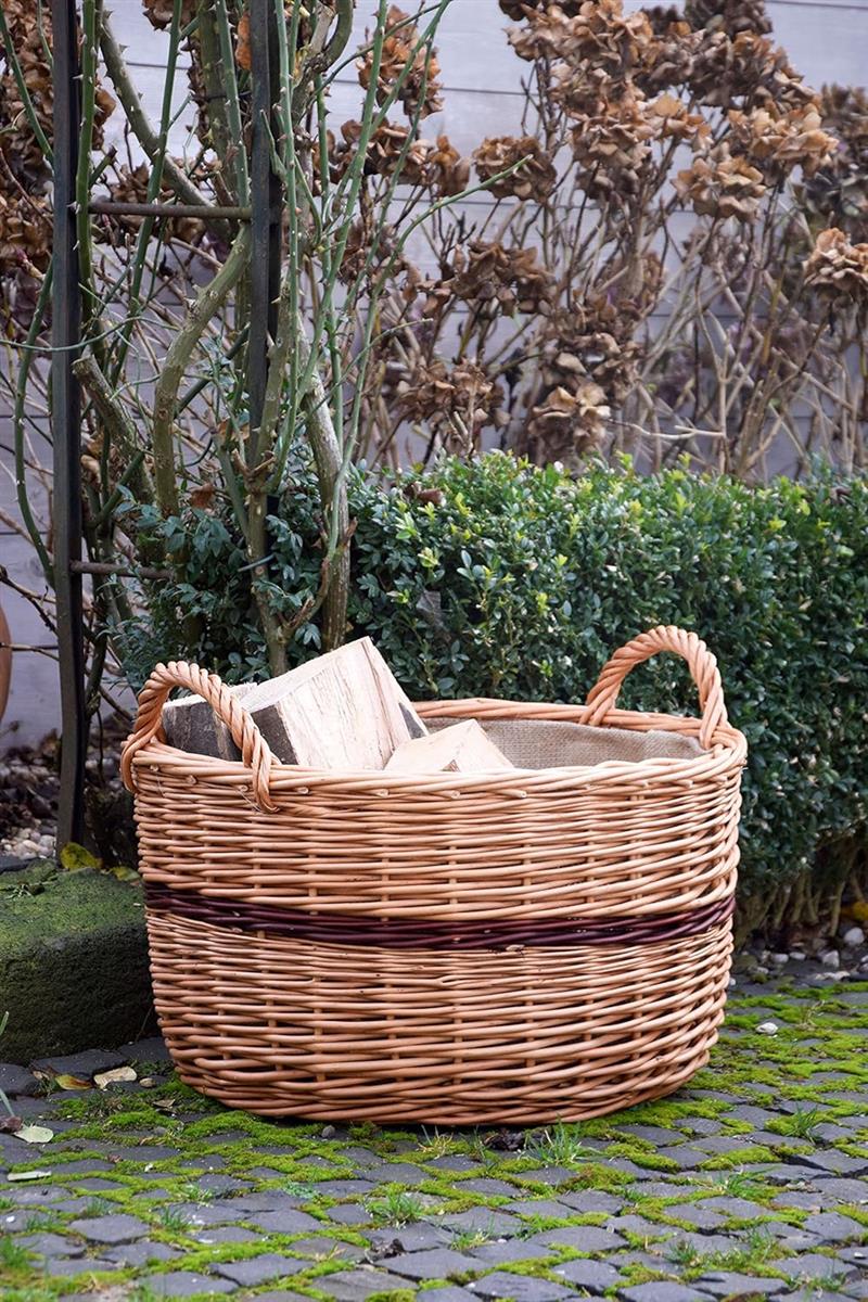 dobar Premium Kaminholzkorb aus ungeschälter Weide - Kaminholzaufbewahrung mit Tragegriffen - Kaminholztrage mit Juteeinlage - Kaminholztasche aus Weide - 50 x 50 x 34 cm - Zweifarbig