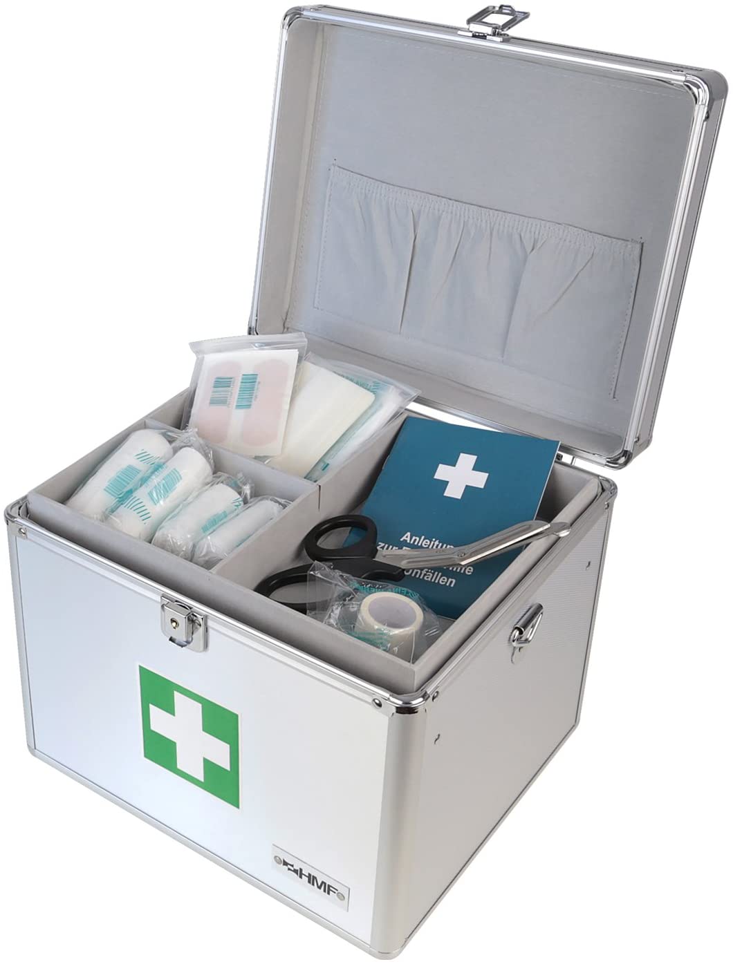 Erste-Hilfe-Koffer, Aluminiumkoffer, Verbandskasten, Silberfarben, Fächer und Einsätze