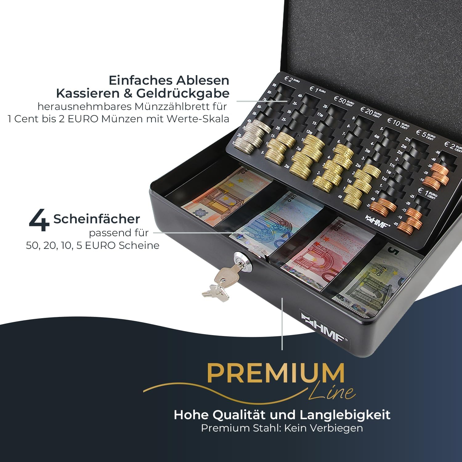 HMF Geldkassette abschließbar mit Münzzählbrett 30 x 24 x 9 cm Schwarz 2212