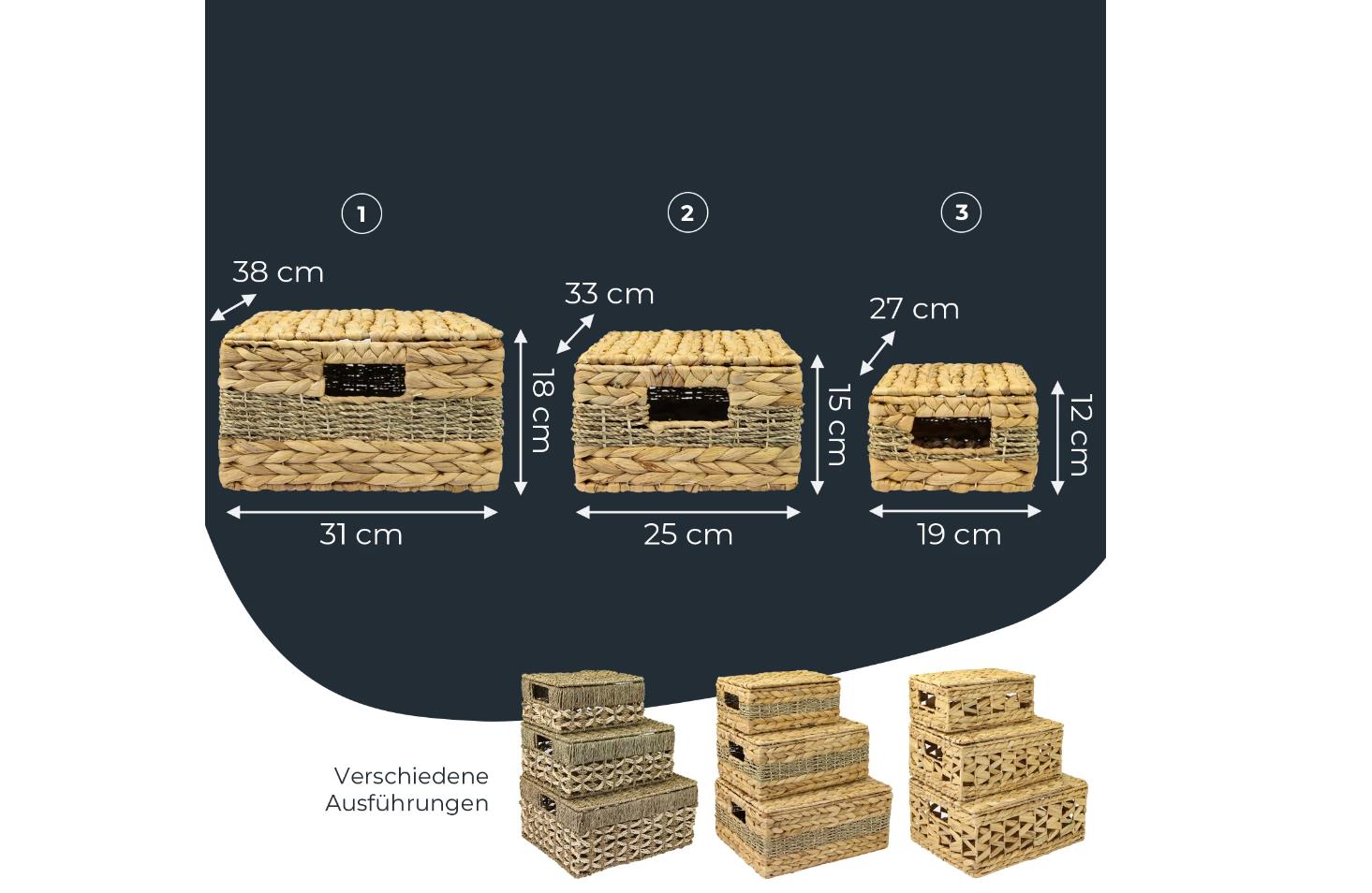 Aufbewahrungskorb mit Deckel 3er-Set Korb geflochten aus Wasserhyazinthe und Seegras
