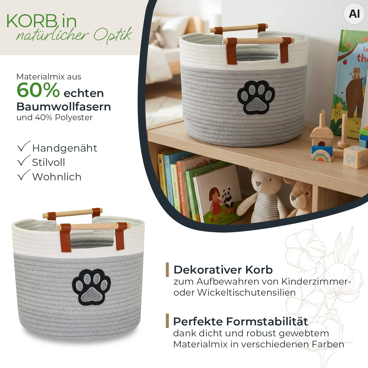 Aufbewahrungskorb, Baumwoll-Polyester-Mix, Grau und Weiß, Ledergriffe, Pfotenmotiv
